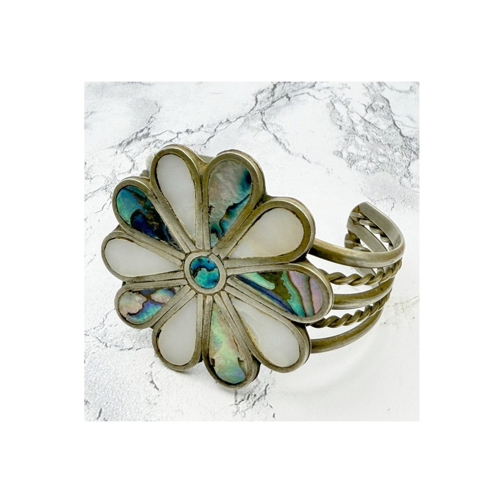 Silver Tone Flower Cuff Bracelet Iridescent Shell Inlay Twisted Bands 8"